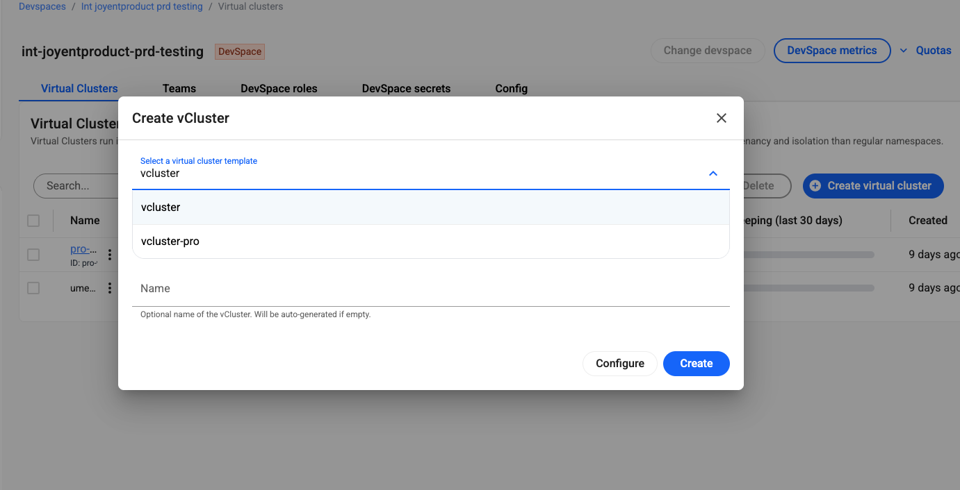 Virtual cluster dialog